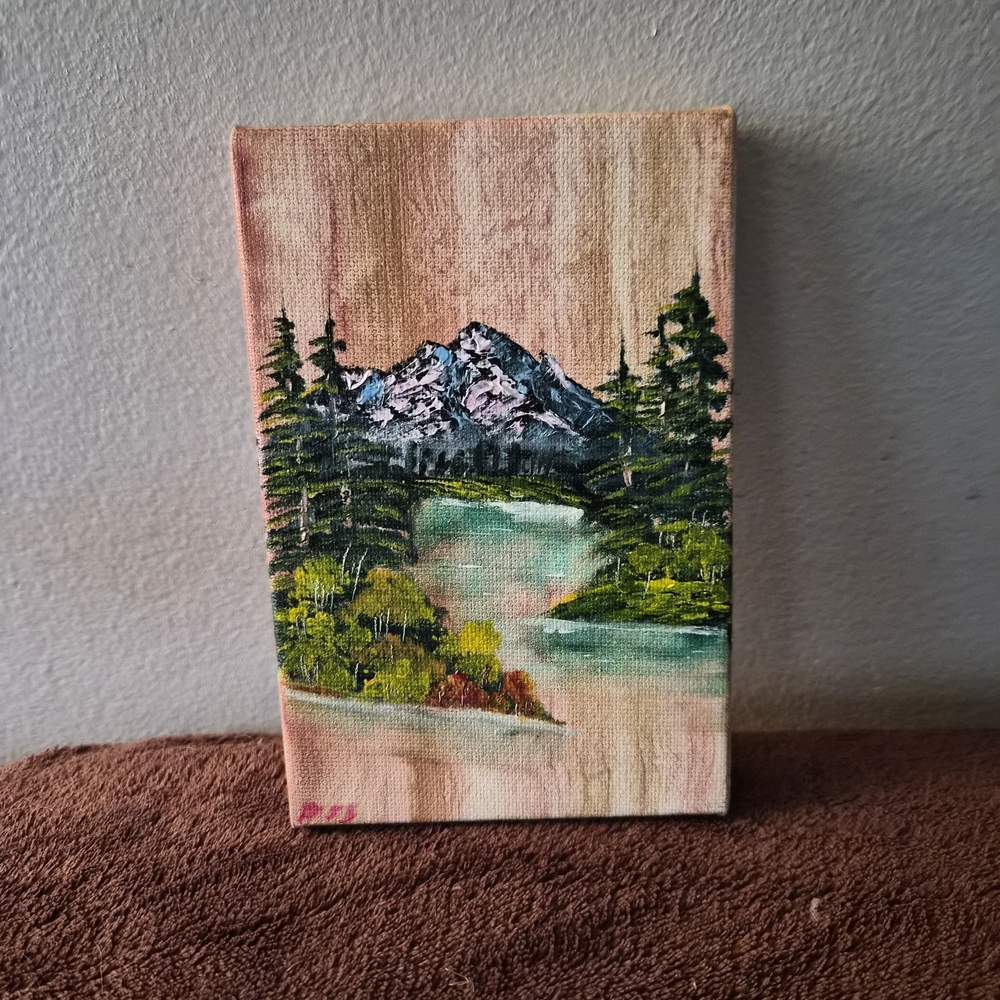 Hand Painted Canvas Oil Paint Bob Ross Inspired Hand Mixed Colors Mountains.